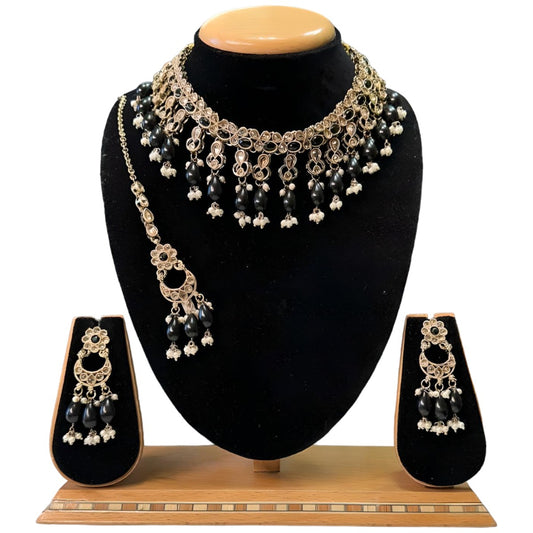 Gold Finish Polki and Monalisa Stones Necklace Set with Mangtikka and Earrings #PS44