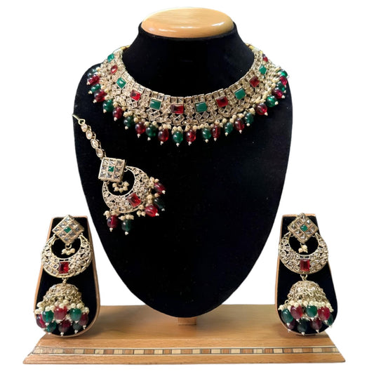 Polki Mehendi Gold Finish Necklace, Jhumka Earrings and Mang Tikka Set #PS45