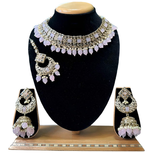Polki Mehendi Gold Finish Necklace, Jhumka Earrings and Mang Tikka Set #PS45