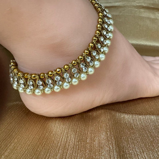 Pair of Payal Anklet 10" with clear Polki Rhinestone and pearl bead work #MP3