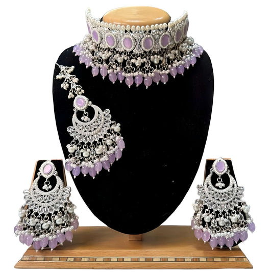 Bridal Choker studded Monalisa AD stones with Earrings And Mangtikka Set #PB14
