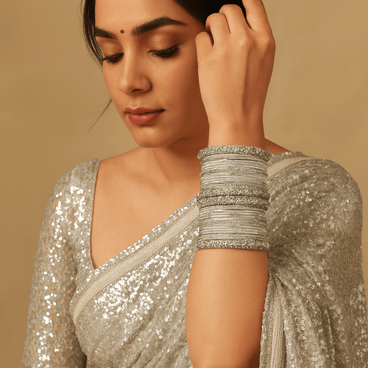 1239  Exquisite Silver Color Bangle Set Traditional Indian Jewellery Stackable Kada Bracelets Statement Jewellery for Women - Zenia Creations