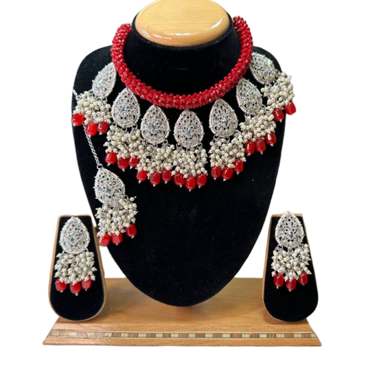 Bridal Silver Polish Polki Reverse AD Choker Necklace Set with Earrings And Mang #PB10