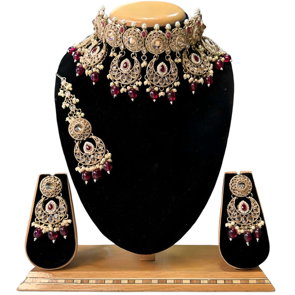 Bridal Gold Polish Polki Ruby Beads/Kundan Choker Set with Earrings And Mangtikka #PB16