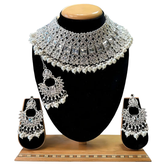 Bridal Silver Polki AD Earrings And Mang Tikka Set #PB8