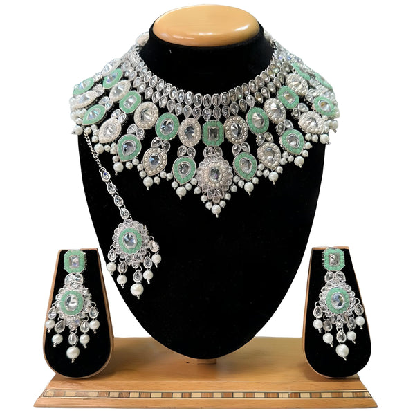 Bridal Silver Polish Mint and Silver Polki AD Stone Necklace Earrings And Mangtikka Set #PB9