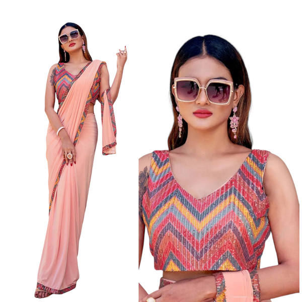 Designer Ready To Wear Lycra Material Saree With Sequins Blouse #101806