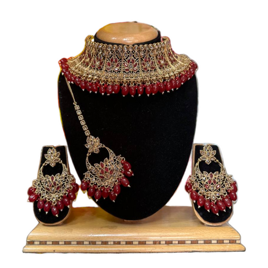 Bridal Gold Plated Polki Reverse AD Choker Necklace Earrings And Mang Tikka Set #RABC10