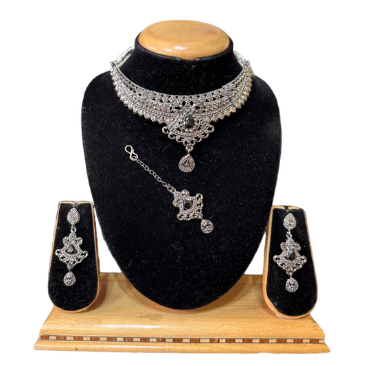 German Silver Oxidized Choker Necklace, Earrings & Mang Tikka Set with Black Stones #GS19