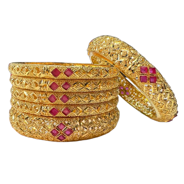 24k 1 Gram Gold Plated Hand Crafted 6pc Bangles Set With Ruby GB15
