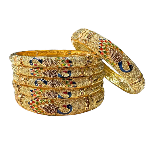 24k 1 Gram Gold Plated Hand Crafted Peacock Meenakari 6pc Bangles Set GB16