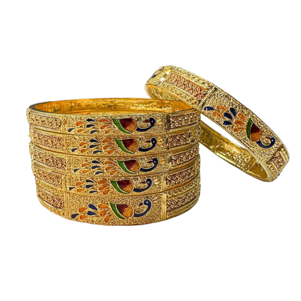 24k 1 Gram Gold Plated Hand Crafted With Peacock Meenakari 6pc Bangles Set GB20