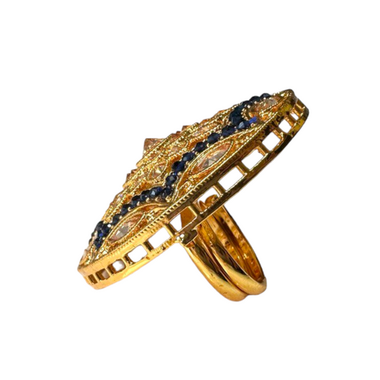 Gold Plated Polki Reverse American Diamond And Blue Beads Adjustable Ring RAR6