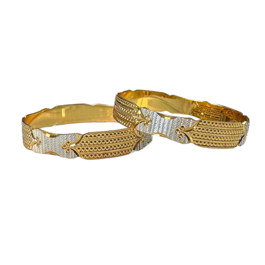 2pc Gold And Rhodium Plated Two Tone Dubai Style Bangle Set #DS3