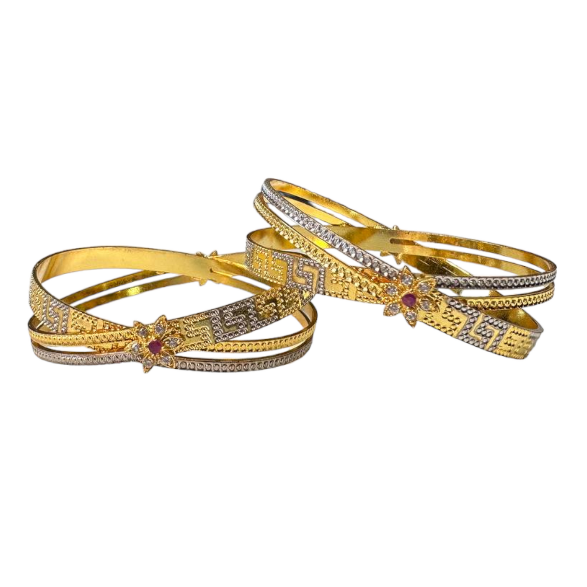 2pc Gold And Rhodium Plated Two Tone Dubai Style Bangle Set #DS21