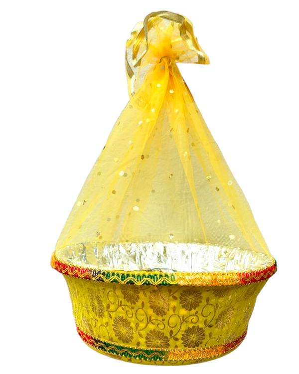 Big 15"x 11"x 5.5" Yellow Plastic Gift Basket With Velvet and Mesh