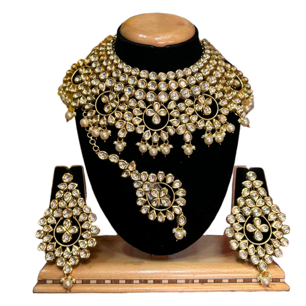 Bridal Kundan With Pearls Necklace, Earrings & Mang Tikka Set #KB4