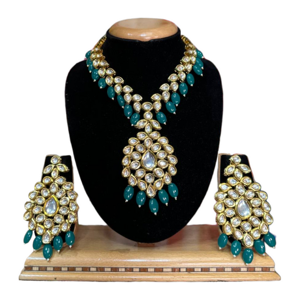 Kundan Necklace & Earrings With Green Monalisa Stones #KS10