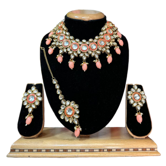 Kundan Necklace, Earrings & Mang Tikka Set With Peach Meenakari #KS22