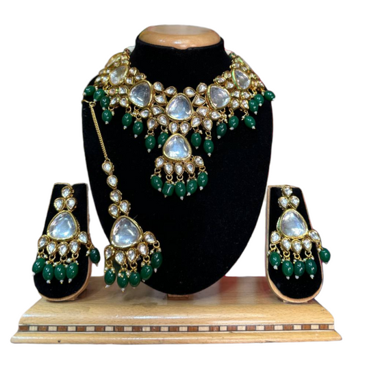 Kundan Necklace, Earrings & Mang Tikka Set With Green Stones #KS23