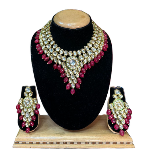 Kundan Necklace & Earrings Set With Red Stone Drops #KS27