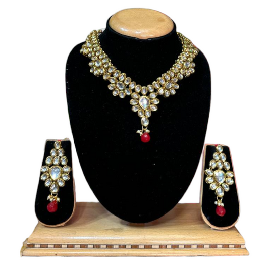 Kundan Necklace & Earrings Set With Red Drops #KS28