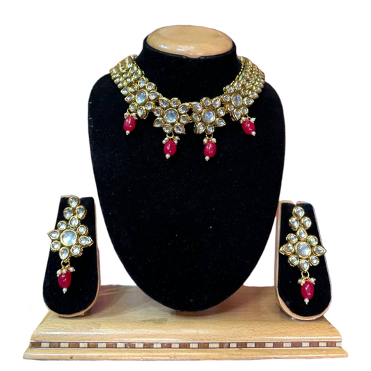 Kundan Necklace & Earrings Set With Red Drops #KS29