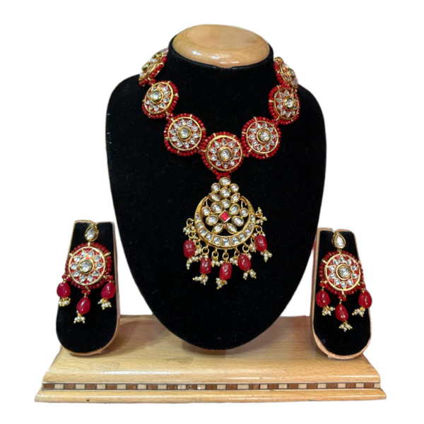 Kundan Necklace & Earrings Set With Red Onyx Beads #KS31