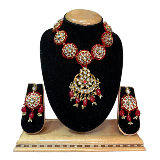 Kundan Necklace & Earrings Set With Red Onyx Beads #KS31