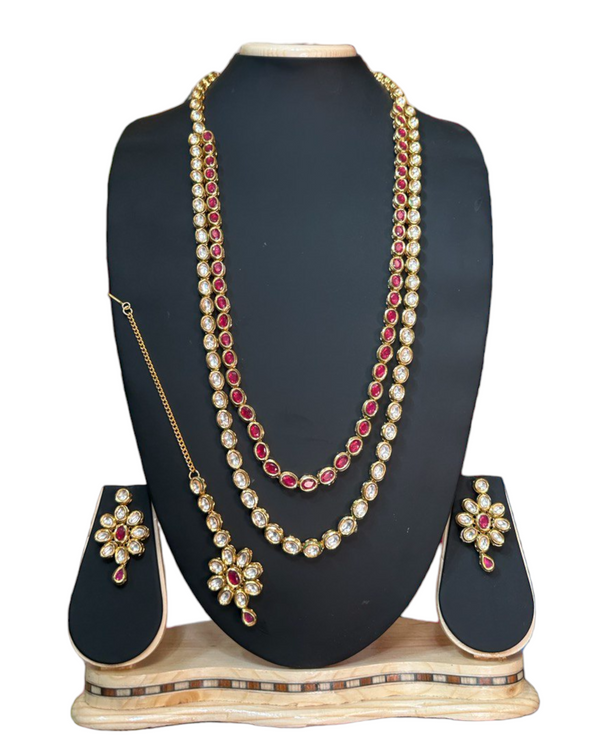 Red Colored Kundan Long Layer Mala Necklace, Earrings & Mang Tikka Set  #KL3