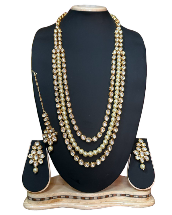 Kundan & Pearl Long Layer Mala Necklace, Earrings & Mang Tikka Set  #KL5