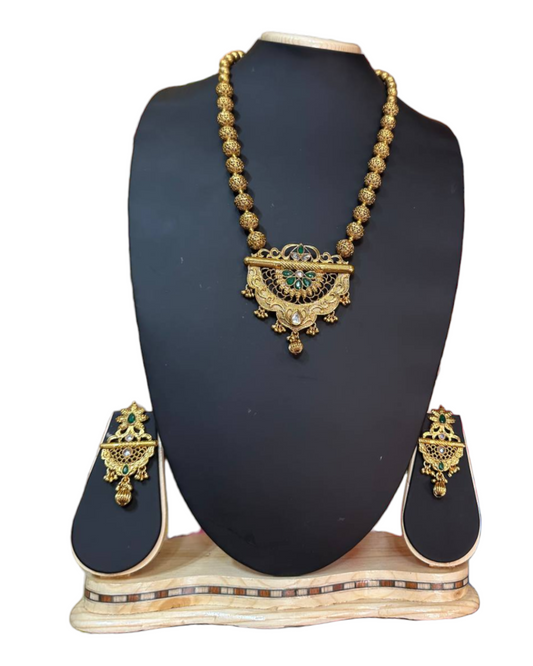 Gold Plated Mala Necklace & Earring Set With Carving H2