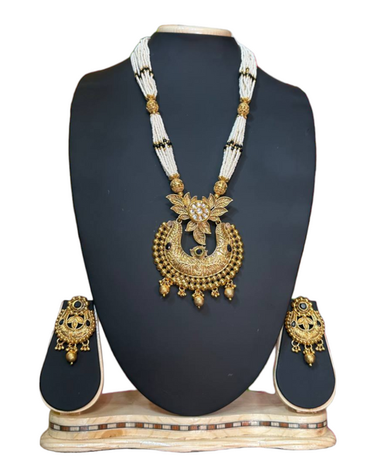 Gold Plated Kundan Mala Necklace & Earring Set With Carving H4