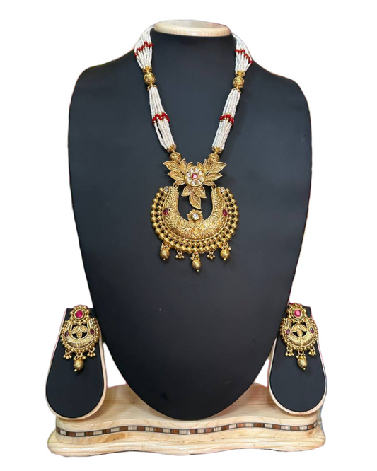 Gold Plated Kundan Mala Necklace & Earring Set With Carving H4