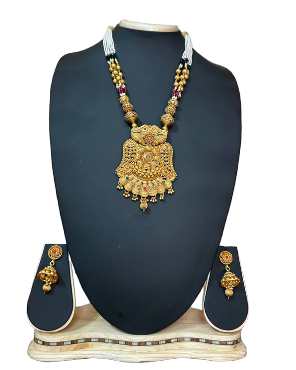 Rajawadi Gold Plated Mala Necklace & Jhumka Earring Set H5