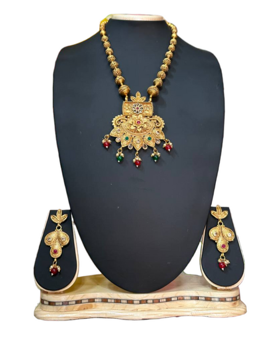 Rajawadi Gold Plated Mala Necklace & Earring Set With Carving H3