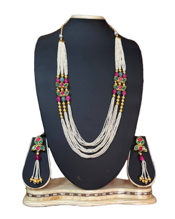Gold Plated Long Mala Necklace & Earring Set With Multi Color Stones H7