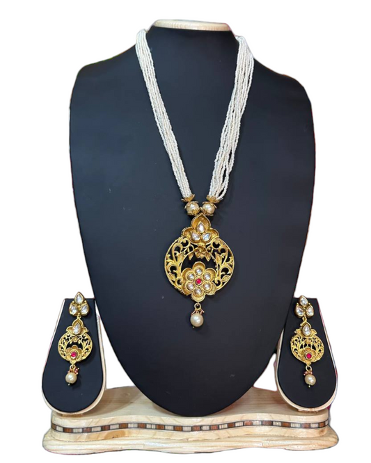 Gold Plated Mala Necklace & Earring Set With Red Stone H6