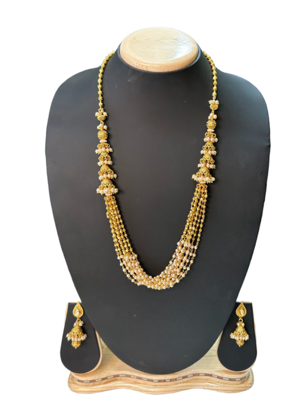 Gold Plated Long Mala Necklace & Jhumka Earring Set With Pearls H8