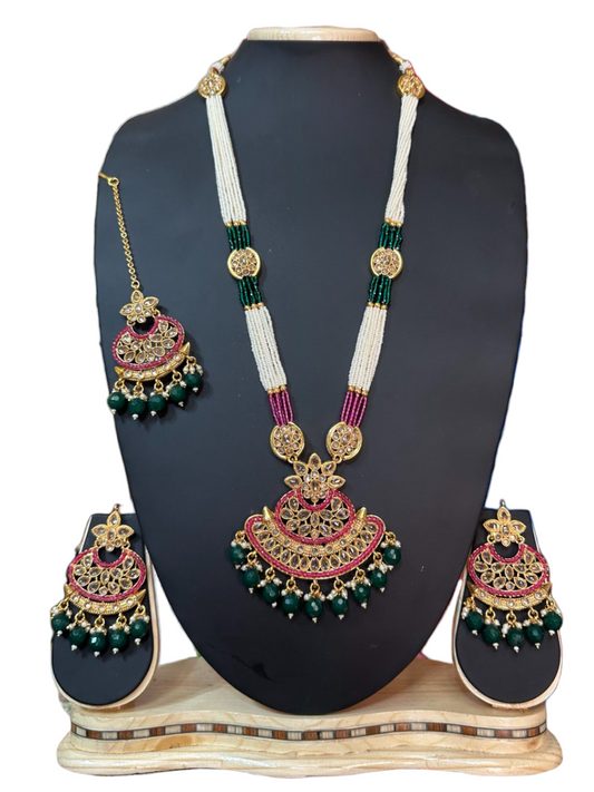 Gold Plated Polki Long Mala Necklace, Earring & Mang Tikka Set H9