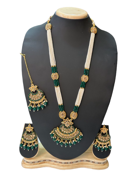 Gold Plated Polki Long Mala Necklace, Earring & Mang Tikka Set H9