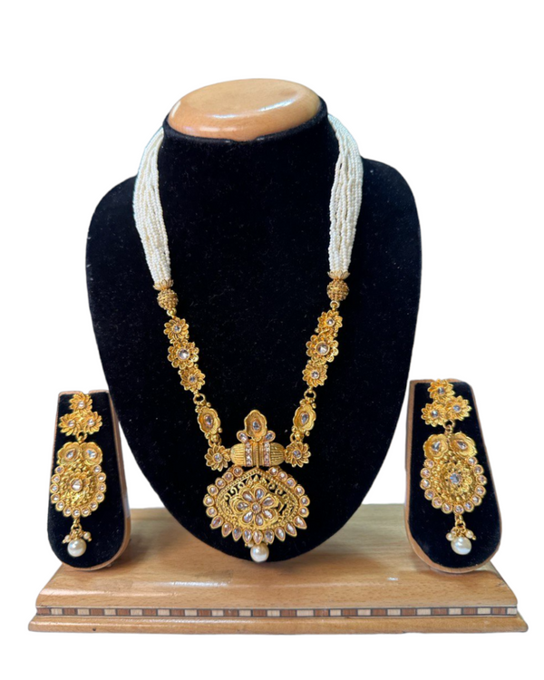 Gold Plated Polki Long Mala Necklace And Earring Set H10