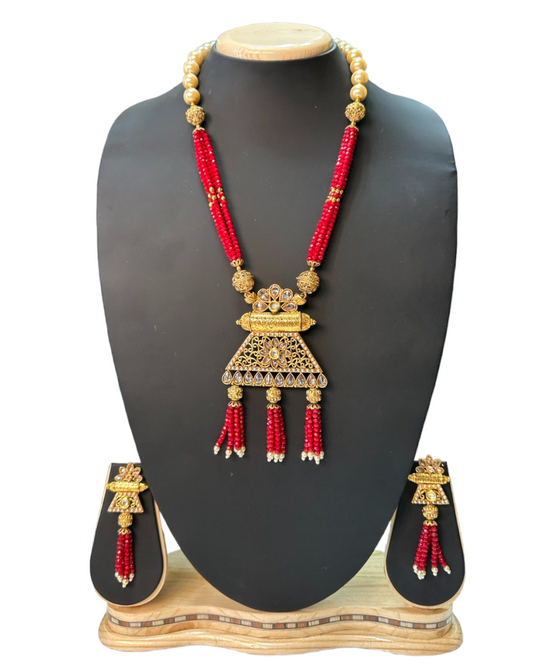 Gold Plated Polki Long Mala Necklace And Earring Set H11