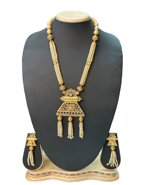 Gold Plated Polki Long Mala Necklace And Earring Set H11