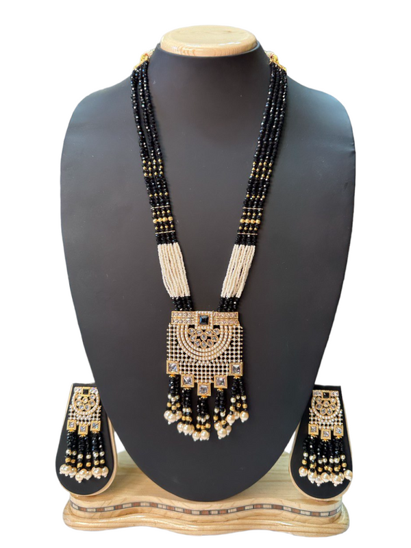 Gold Plated Polki Long Mala Necklace And Earring Set H12