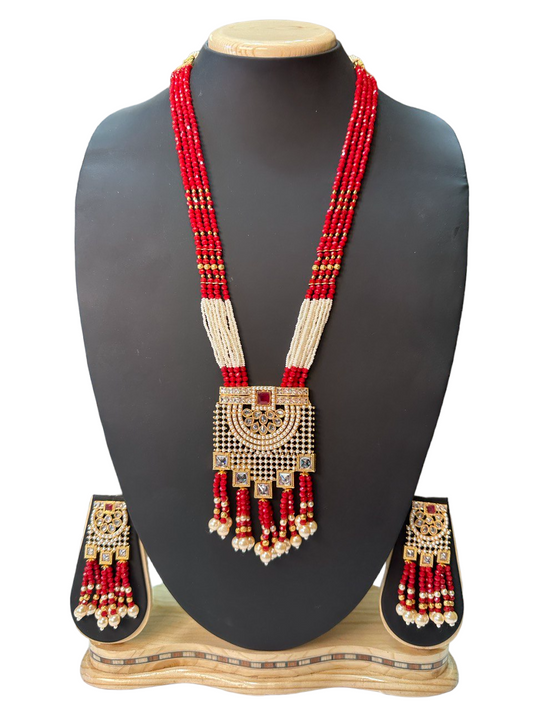 Gold Plated Polki Long Mala Necklace And Earring Set H12