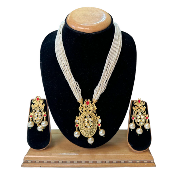 Gold Plated Rajwadi Polish With Kundan & Meenakari Mala Necklace & Earrings Set H13