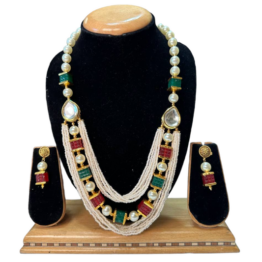 Kundan & Pearl Long Mala Necklace & Earrings Set H14