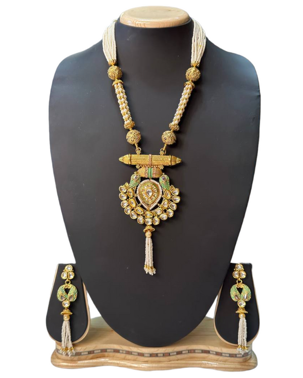 Gold Plated Polki & Mint Meenkari Long Pearls Mala Necklace & Earrings Set H16