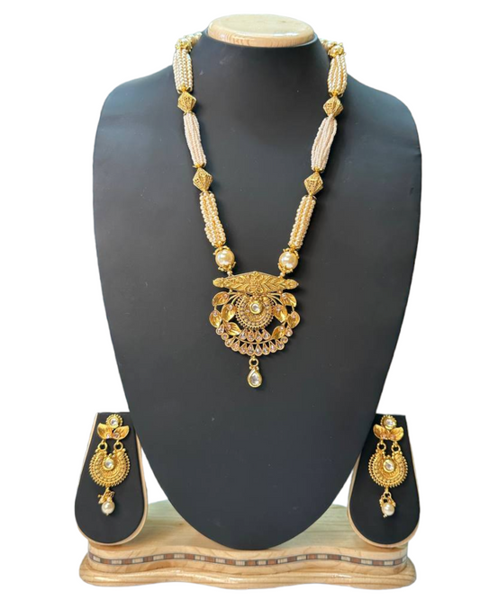 Gold Plated Polki Long Mala Necklace & Earrings Set H15